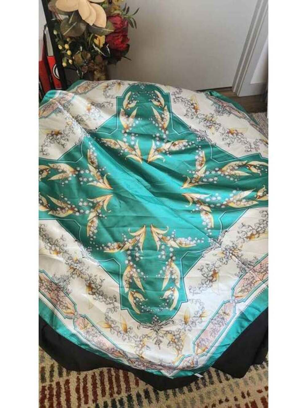 Corciova Floral Square Scarf in Teal and White 36" square